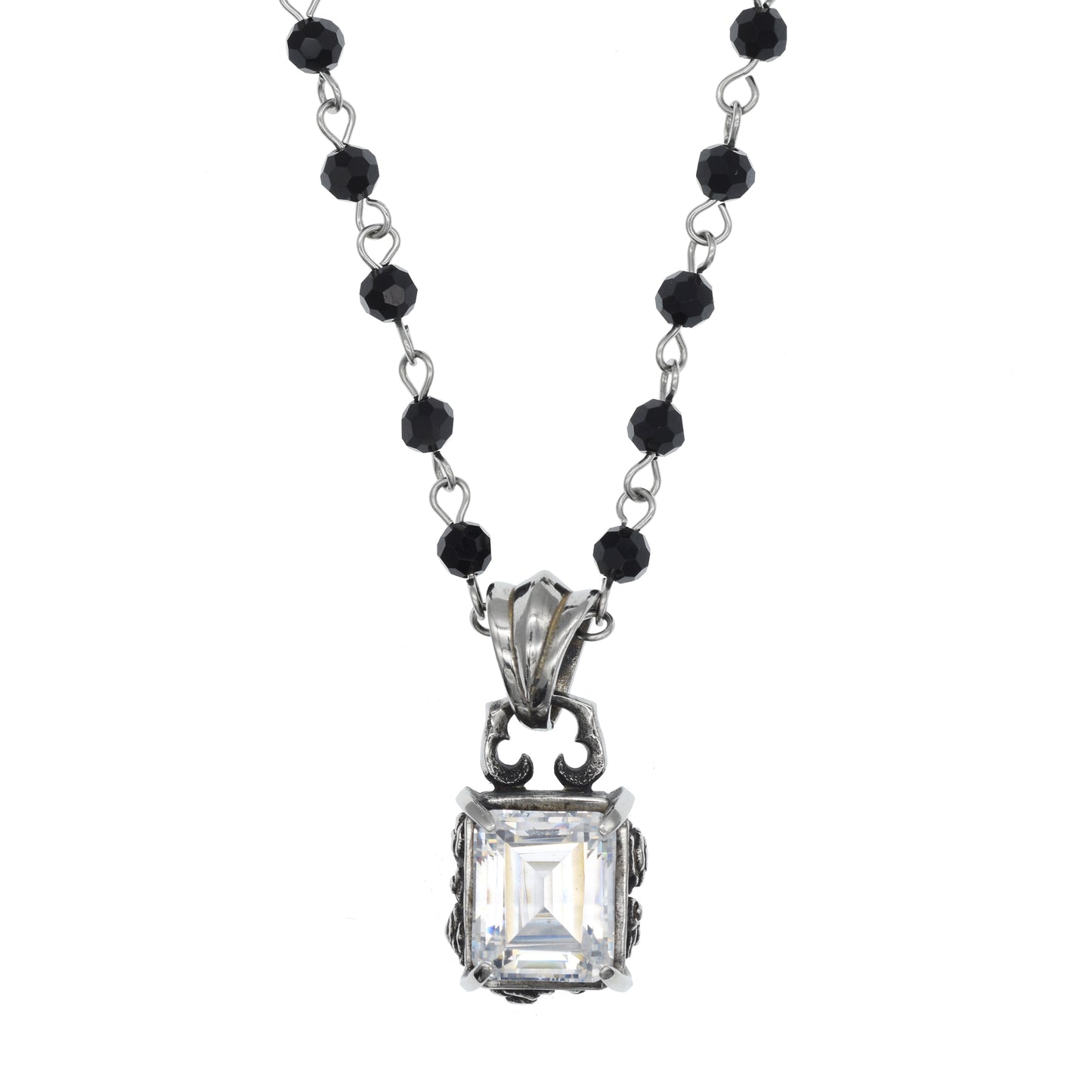 RECTANGULAR CRYSTAL ROSE ROSARY NECKLACE