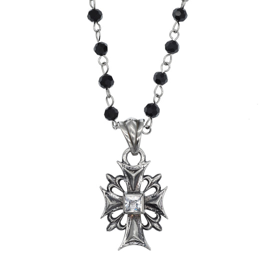 CROSS SQUARE CRYSTAL ROSARY NECKLACE